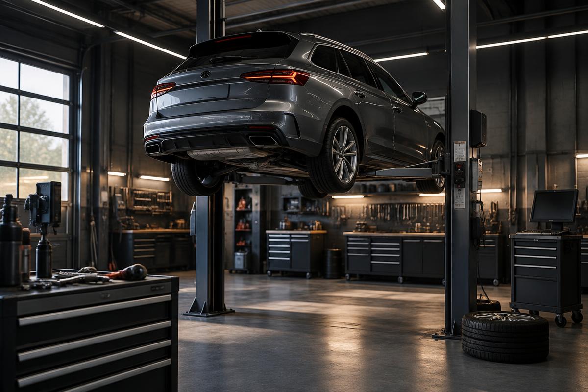 Modern ausgestattete KFZ-Werkstatt mit Fahrzeug auf der Hebebühne